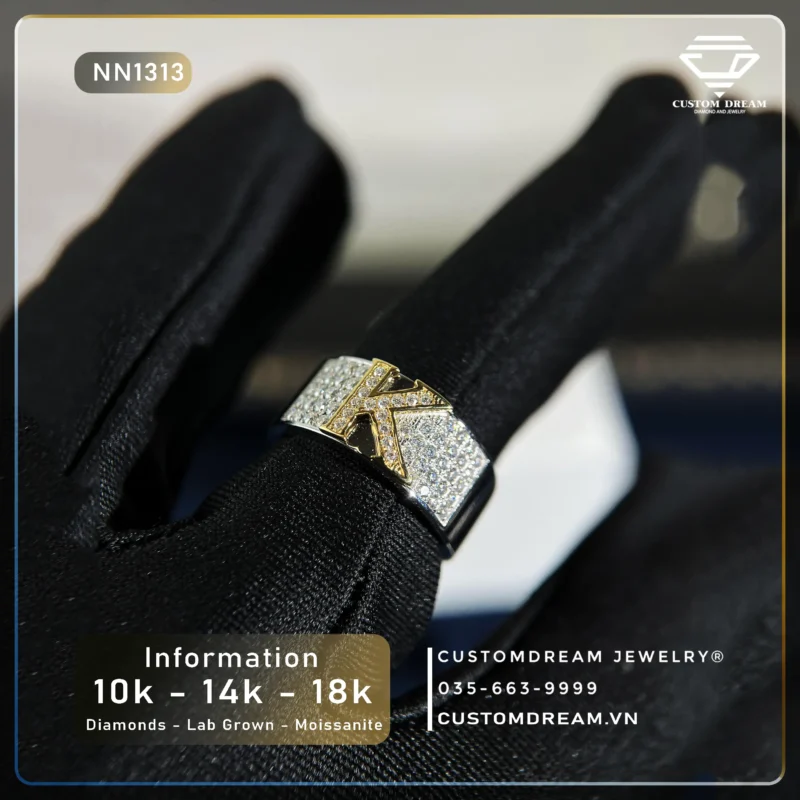 Nhẫn Nam Vàng Khắc Chữ K Đính Đá Moissanite – NN1313