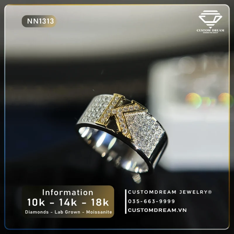Nhẫn Nam Vàng Khắc Chữ K Đính Đá Moissanite – NN1313