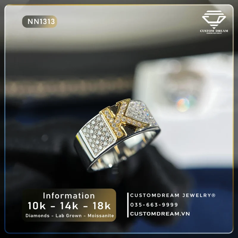 Nhẫn Nam Vàng Khắc Chữ K Đính Đá Moissanite – NN1313