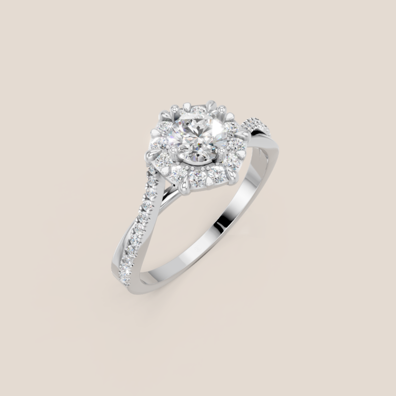 Nhẫn Cầu Hôn Vàng Trắng Kim Cương Nuôi Cấy Tròn Halo Thân Xoắn – NCH456