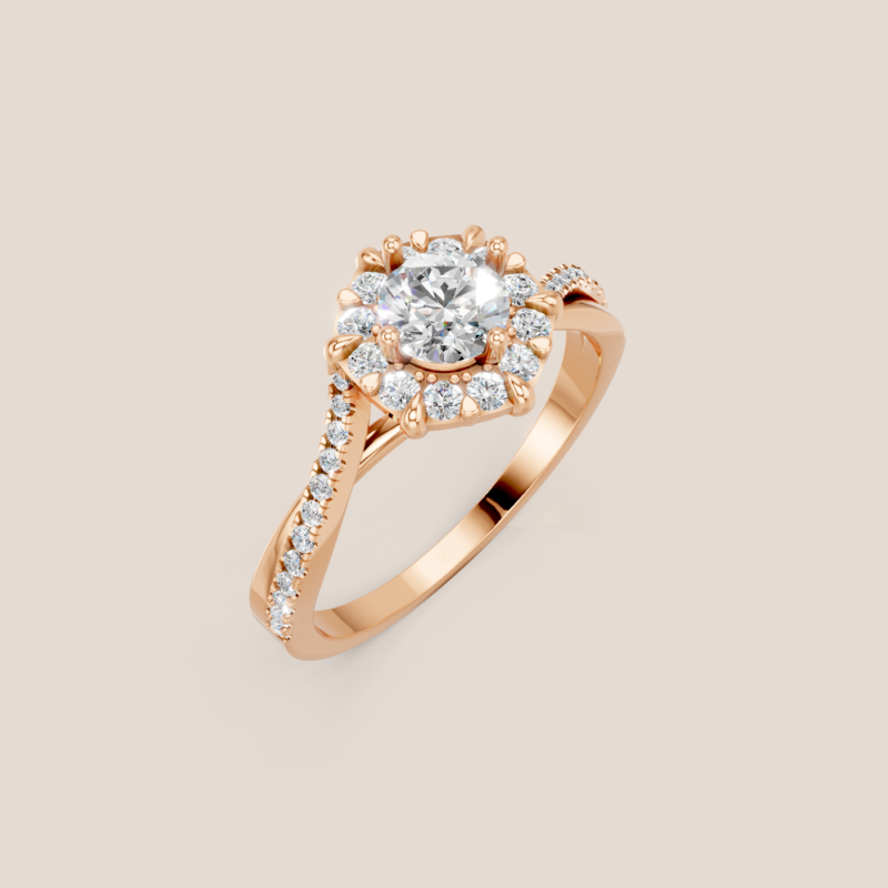 Nhẫn Cầu Hôn Vàng Trắng Kim Cương Nuôi Cấy Tròn Halo Thân Xoắn – NCH456