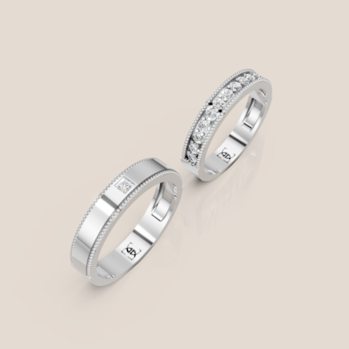 Nhẫn Cưới Vàng Trắng Nữ Đính Hàng Kim Cương Tấm Nam Đính 1 Kim Cương Vuông – 362