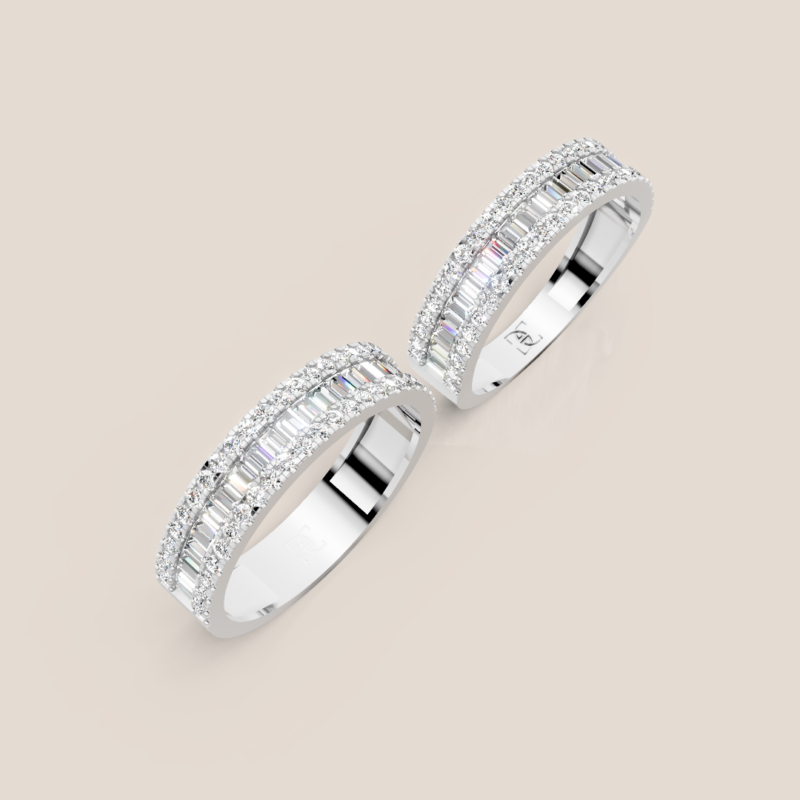 Nhẫn cưới đôi vàng trắng đính kim cương baguette dáng chéo 308