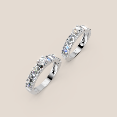 Nhẫn cưới đôi vàng trắng đính kim cương tròn xen baguette 314