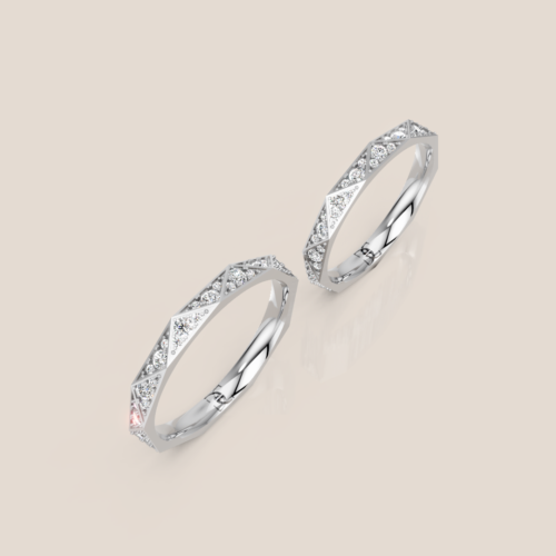 Nhẫn cưới đôi vàng trắng đính kim cương pavé họa tiết hình học 315