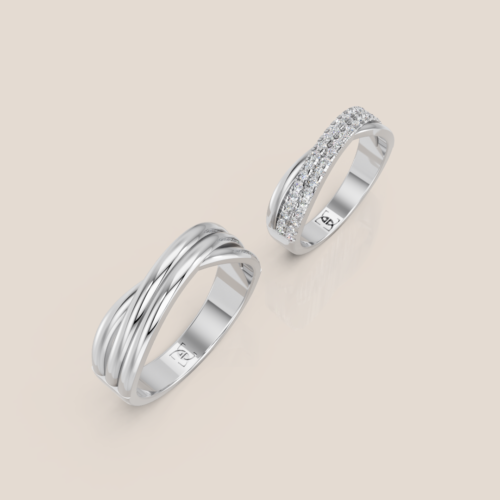 Nhẫn cưới đôi vàng trắng đính kim cương nữ đan chéo pavé nam trơn đan chéo 319