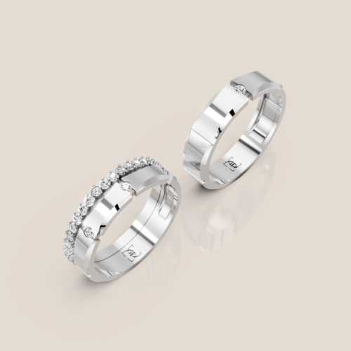 Nhẫn cưới đôi vàng trắng đính kim cương nữ pavé nam 1 viên bề mặt cắt vát 320