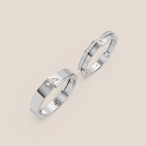 Nhẫn cưới đôi vàng trắng bề mặt cắt vát nữ pavé nam cụm kim cương 323
