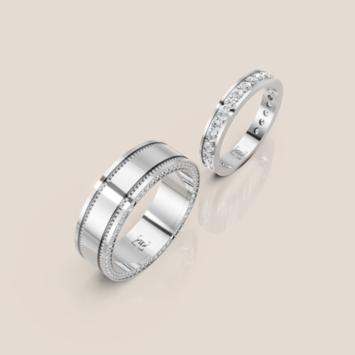 Nhẫn cưới đôi vàng trắng nữ full pavé nam viền kim cương hai bên 326