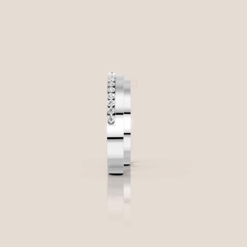 Nhẫn Cưới Vàng Trắng Nam Bản To Viền Pavé Chéo Nữ Một Hàng Pavé – 327