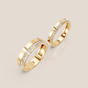 Nhẫn Cưới Vàng Trắng Nam Bản To Viền Pavé Chéo Nữ Một Hàng Pavé – 327