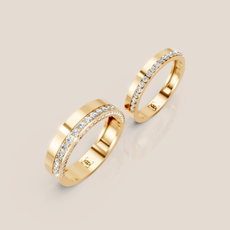 Nhẫn Cưới Vàng Trắng Nam Bản To Viền Pavé Chéo Nữ Một Hàng Pavé – 327