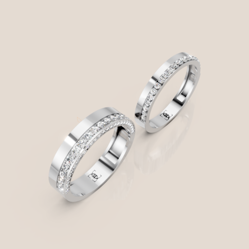 Nhẫn cưới đôi vàng trắng nam bản to viền pavé chéo nữ một hàng pavé 327