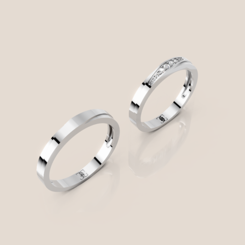 Nhẫn cưới đôi vàng trắng nam trơn bề mặt cắt vát nữ đính cụm kim cương rải chéo 328