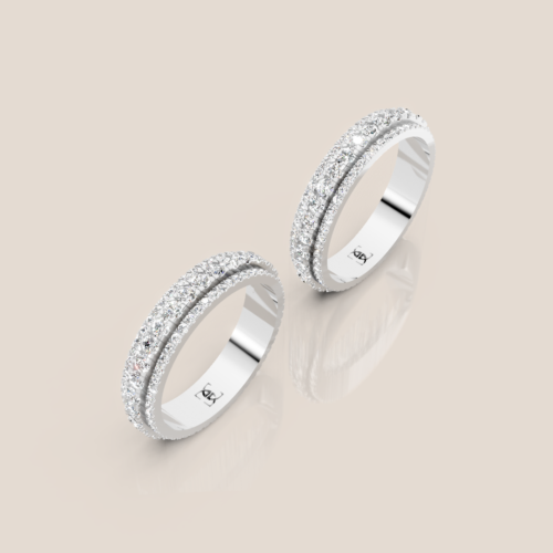 Nhẫn cưới đôi vàng trắng full pavé ba hàng kim cương 329
