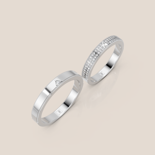 Nhẫn Cưới Vàng Trắng Nam Trơn Đính 1 Kim Cương Nữ Pavé Viền Hoa Văn Đan Chéo – 333