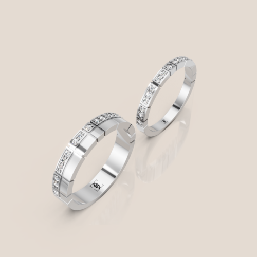 Nhẫn Cưới Vàng Trắng Đính Kim Cương Chia Ô Vuông Phong Cách Art Deco – 334