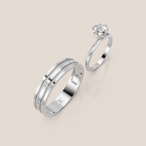 Nhẫn Cưới Vàng Trắng Nữ Ổ Kim Cương Solitaire Nam Viền Chỉ Đính Kim Cương Rải Rác – 339