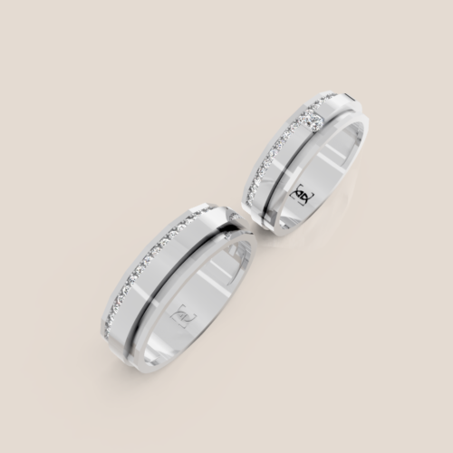 Nhẫn Cưới Vàng Trắng Bản Vát Cạnh Đính Hàng Kim Cương Chạy Rãnh – 344