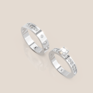 Nhẫn Cưới Vàng Trắng Nữ Đính Kim Cương Solitaire Nam Đính Hàng Kim Cương Chạy Giữa – 346