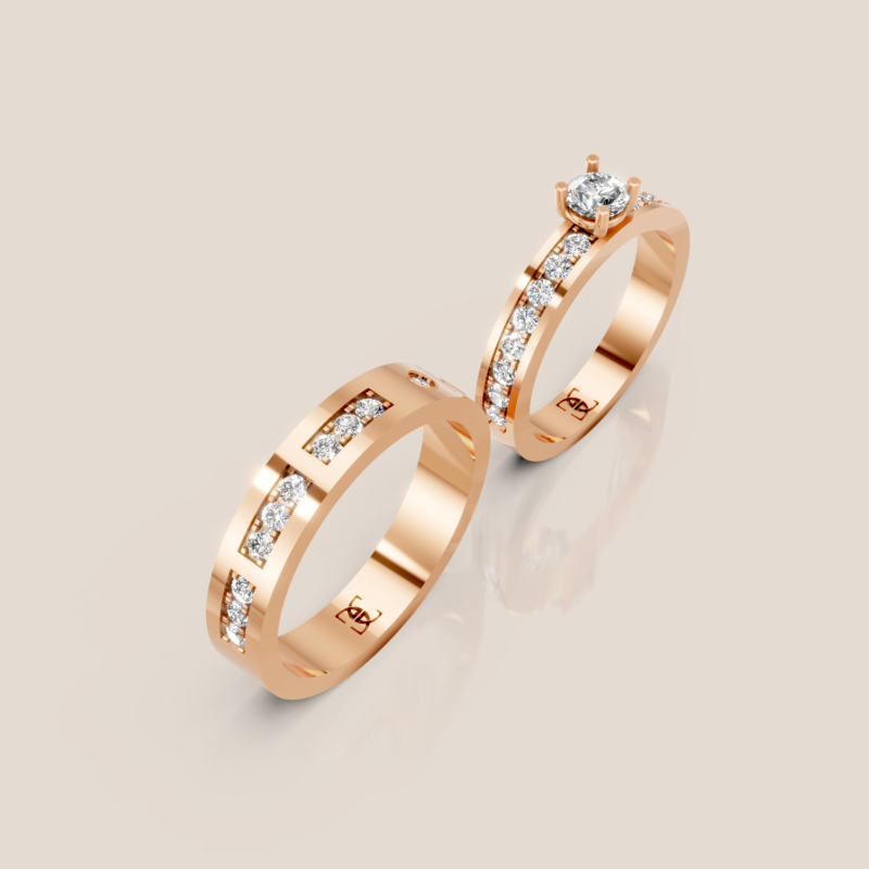 Nhẫn Cưới Vàng Trắng Nữ Đính Kim Cương Solitaire Nam Đính Hàng Kim Cương Chạy Giữa – 346