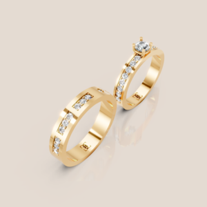 Nhẫn Cưới Vàng Trắng Nữ Đính Kim Cương Solitaire Nam Đính Hàng Kim Cương Chạy Giữa – 346