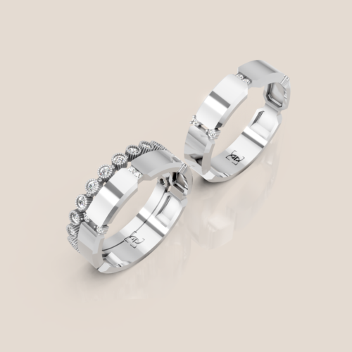 Nhẫn Cưới Vàng Trắng Bề Mặt Khấc Đốt Nữ Đính Hàng Kim Cương Bezel Cổ Điển – 347