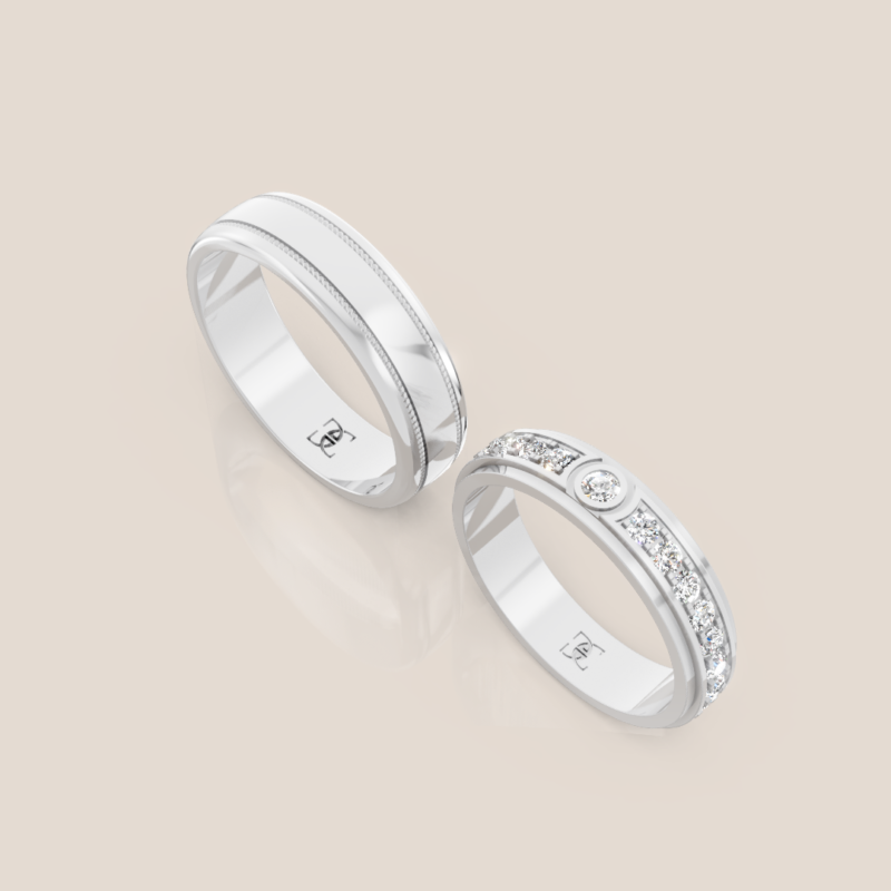Nhẫn Cưới Vàng Trắng Nam Trơn Viền Hạt Nữ Đính Hàng Kim Cương Tăng Dần – 352
