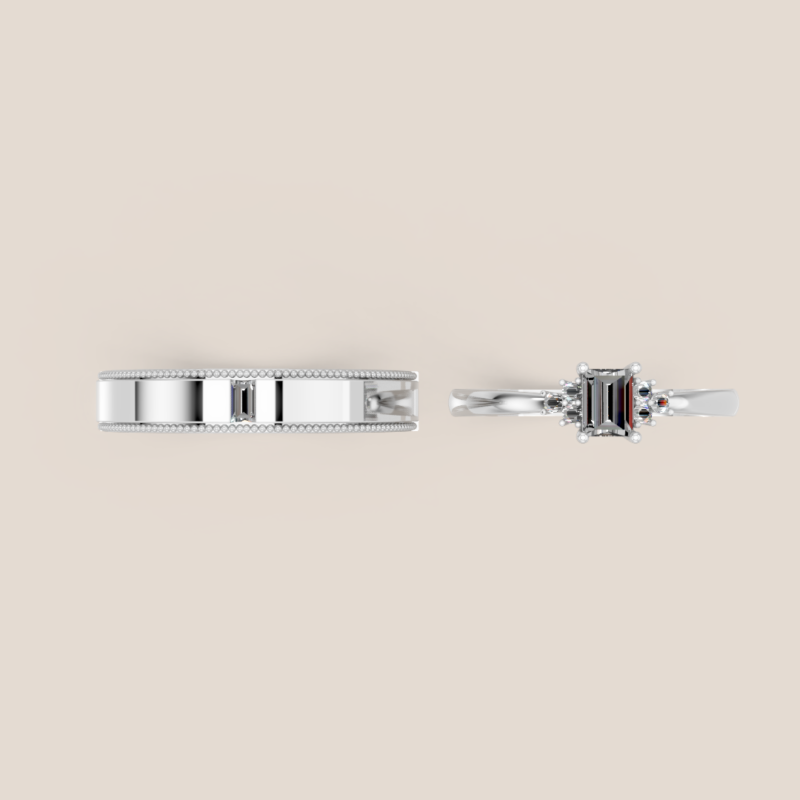 Nhẫn Cưới Vàng Trắng Nữ Đính Kim Cương Chủ Emerald Nam Đính Kim Cương Baguette – 355