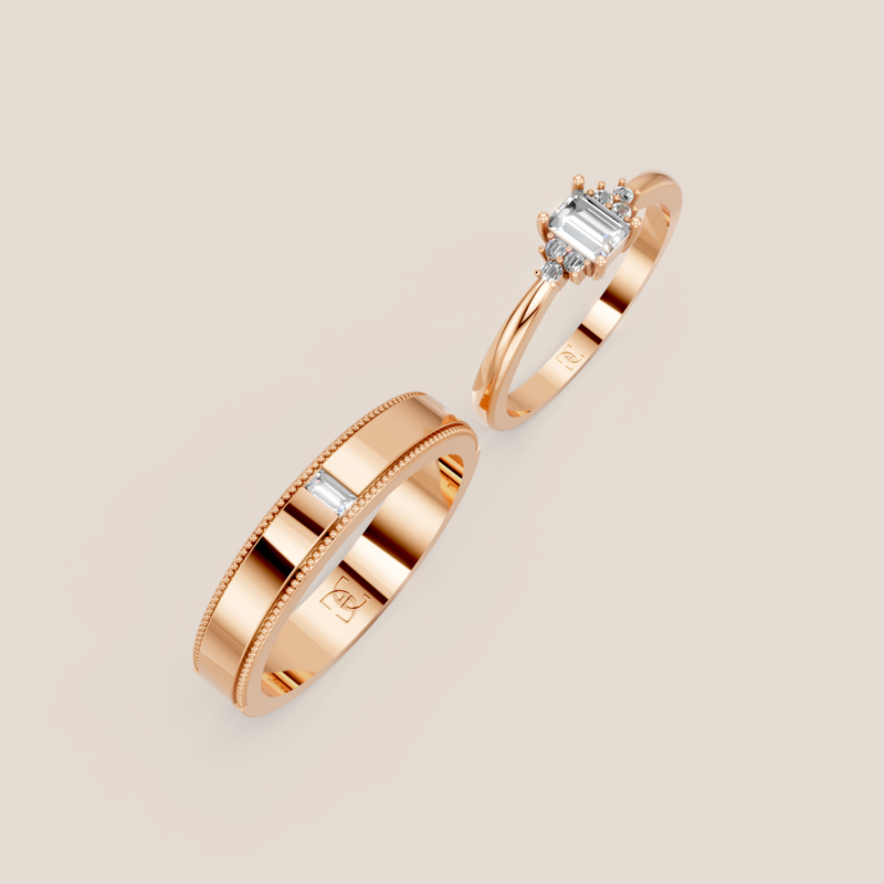 Nhẫn Cưới Vàng Trắng Nữ Đính Kim Cương Chủ Emerald Nam Đính Kim Cương Baguette – 355