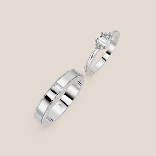Nhẫn Cưới Vàng Trắng Nữ Đính Kim Cương Chủ Emerald Nam Đính Kim Cương Baguette – 355