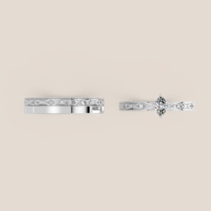 Nhẫn Cưới Vàng Trắng Chạm Khắc Cổ Điển Nữ Đính Kim Cương Marquise Nam Đính Hàng Kim Cương – 358