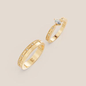 Nhẫn Cưới Vàng Trắng Chạm Khắc Cổ Điển Nữ Đính Kim Cương Marquise Nam Đính Hàng Kim Cương – 358