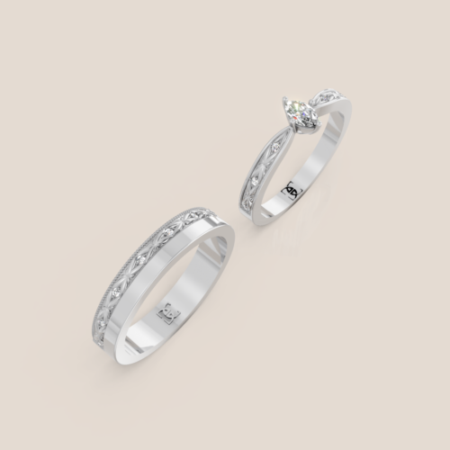 Nhẫn Cưới Vàng Trắng Chạm Khắc Cổ Điển Nữ Đính Kim Cương Marquise Nam Đính Hàng Kim Cương – 358